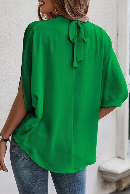 Solid Mock Neck Split Batwing Sleeve Blouse | Bright Green