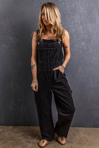 Adjustable Buckle Straps Multi Pocket Denim Overalls | Black