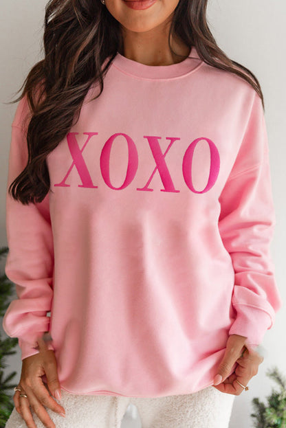 Pink XOXO Puff Print Drop Shoulder Pullover Sweatshirt