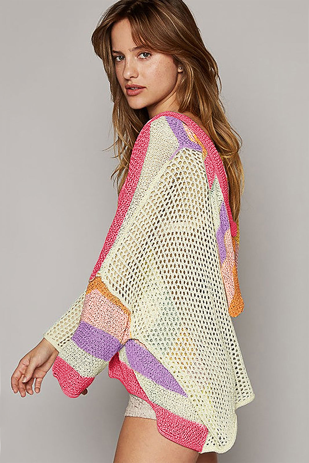 Oversized Colourblock V Neck Hooded Sweater | Pink