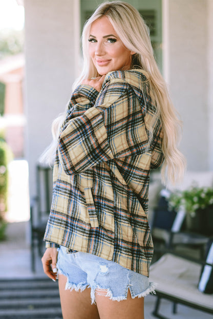 Plaid Button Neck Pocketed Pullover Hoodie | Khaki