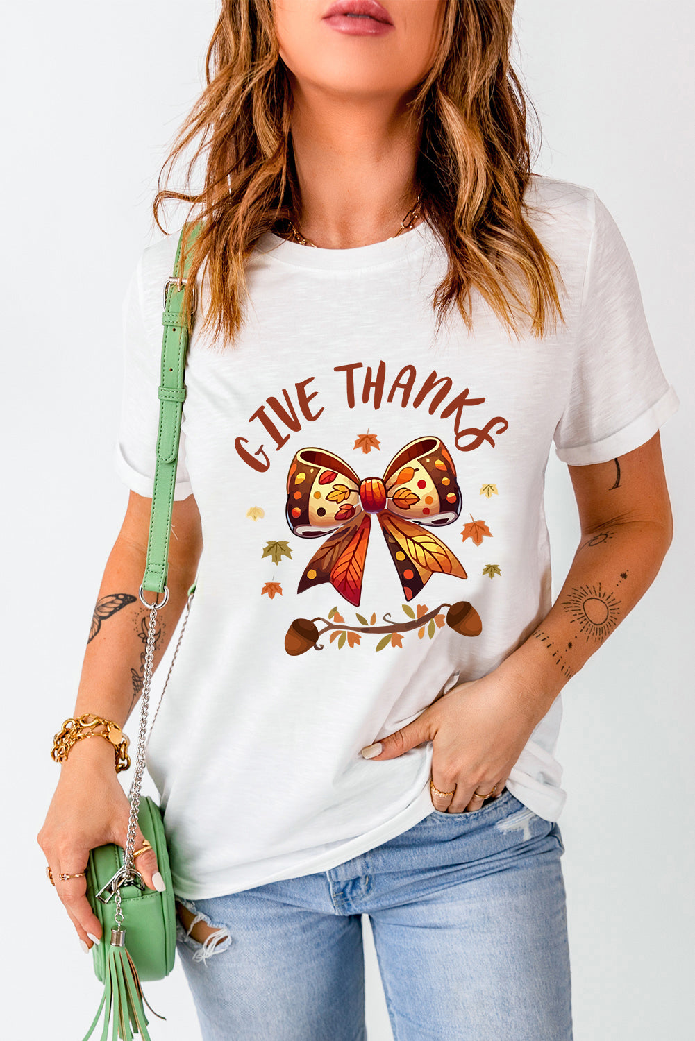 Give Thanks Bowknot Graphic Cuffed Sleeve T Shirt | White