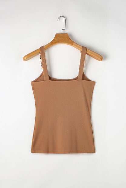 Gold Chain Straps Rib Knit Tank Top | Brown