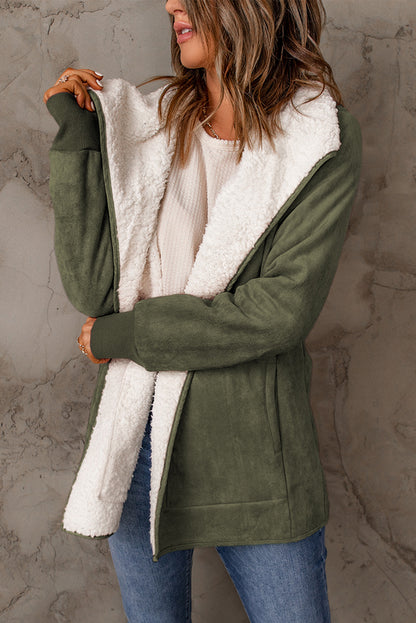 Faux Suede Fleece Lined Open Front Jacket | Green