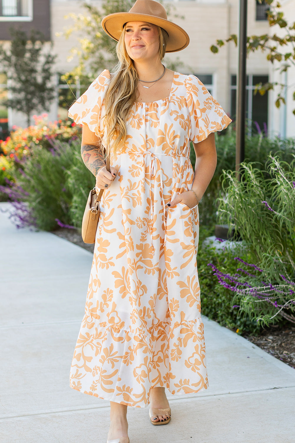 Floral Print Puff Short Sleeve Resort Plus Size Maxi Dress | Apricot