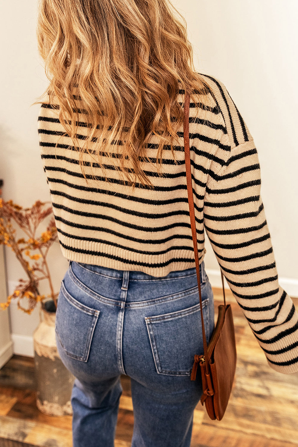 Striped Knit Drop Shoulder Crewneck Cropped Sweater | Light French Beige