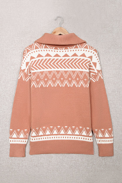 Geometry Knit Quarter Zip Sweater | Pink