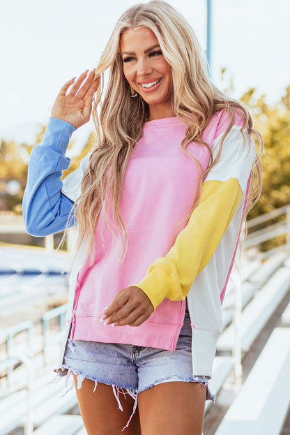 Colour Block Exposed Seam Side Slits Crewneck Sweatshirt | Bonbon