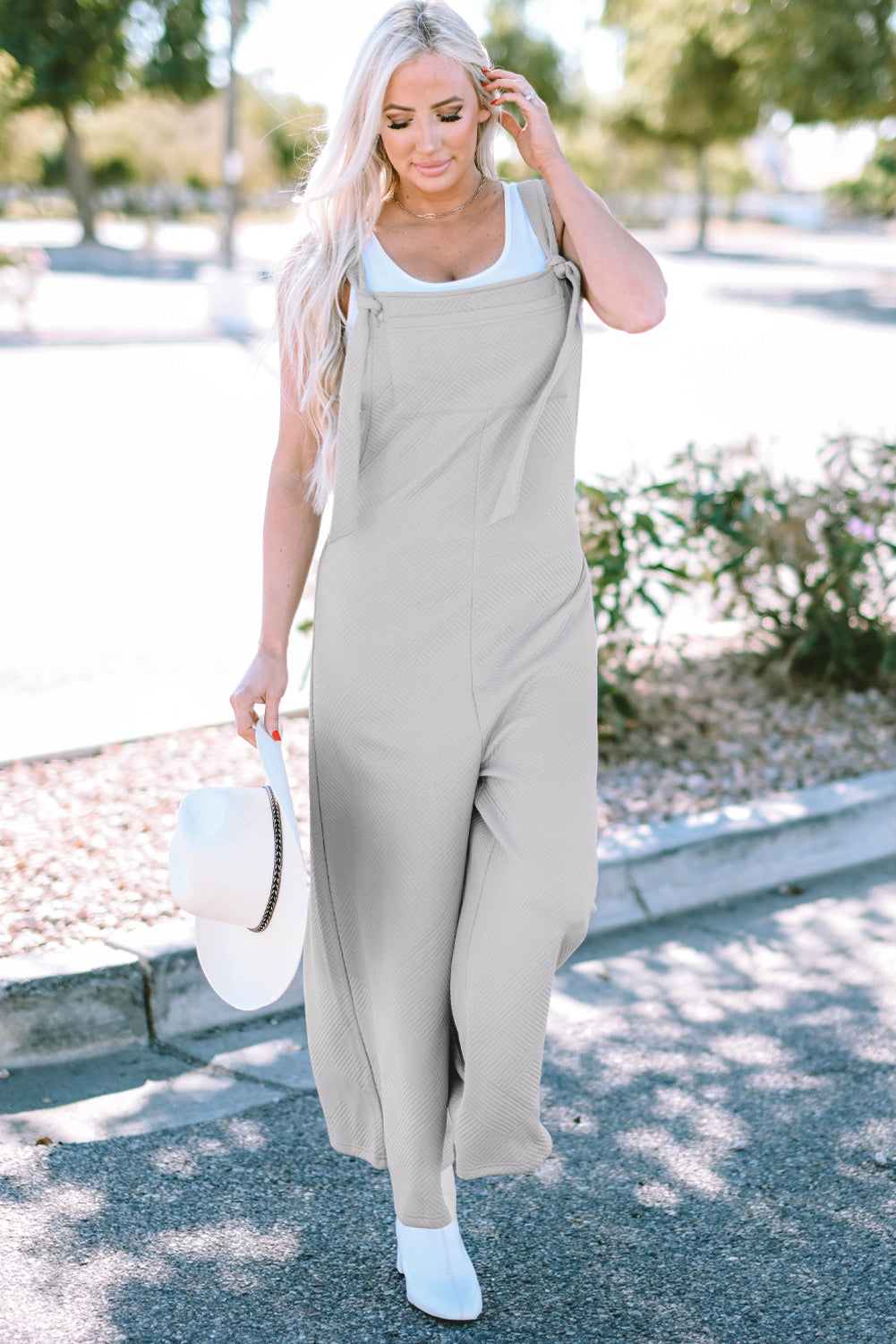 Textured Self-Tie Strap Wide-Leg Overalls | Light Grey