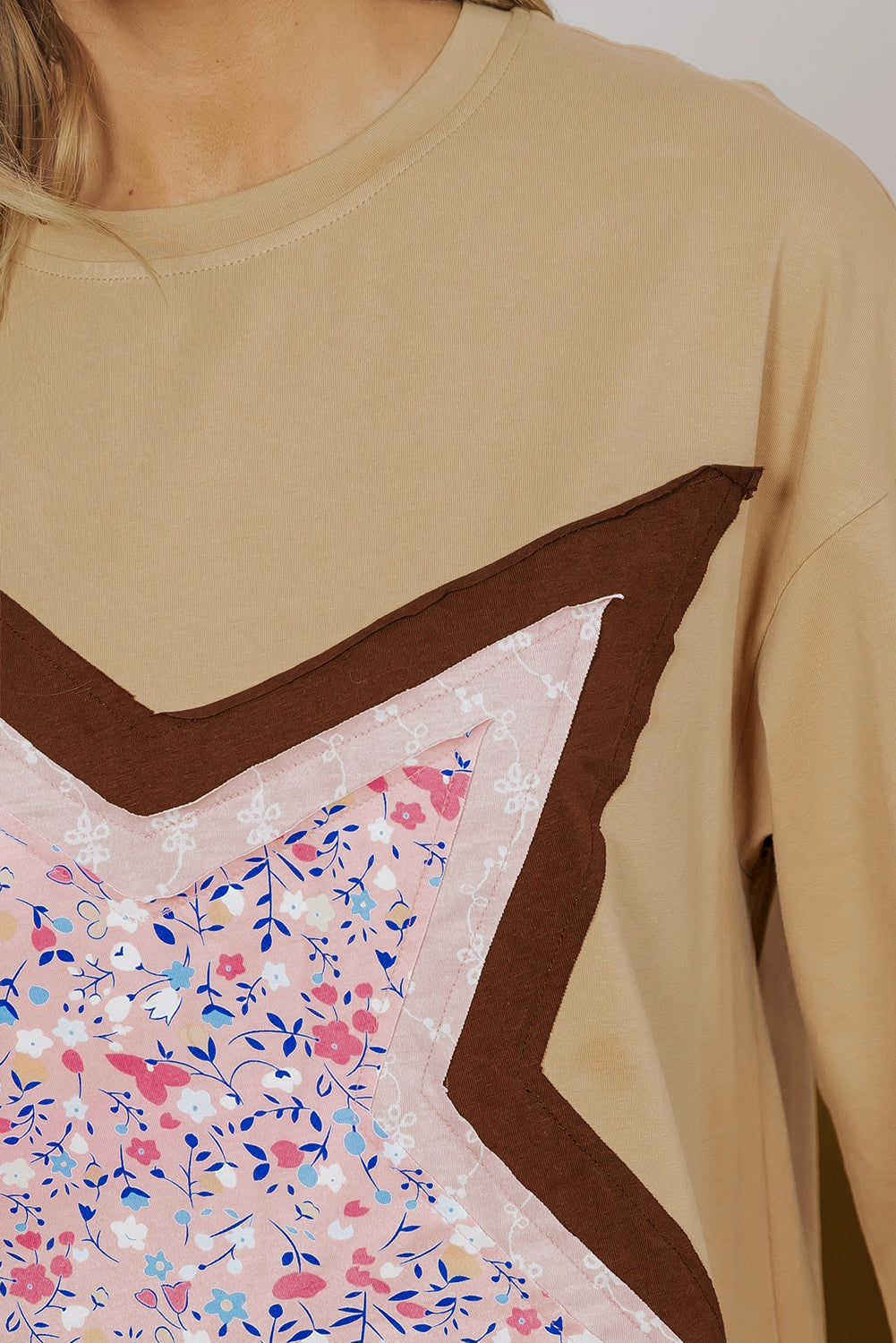 Floral Star Patchwork 3/4 Long Sleeve Top | Camel