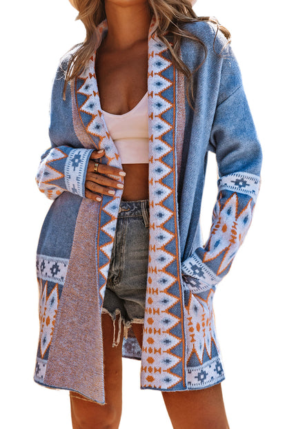 Aztec Print Open Front Knitted Cardigan | Blue