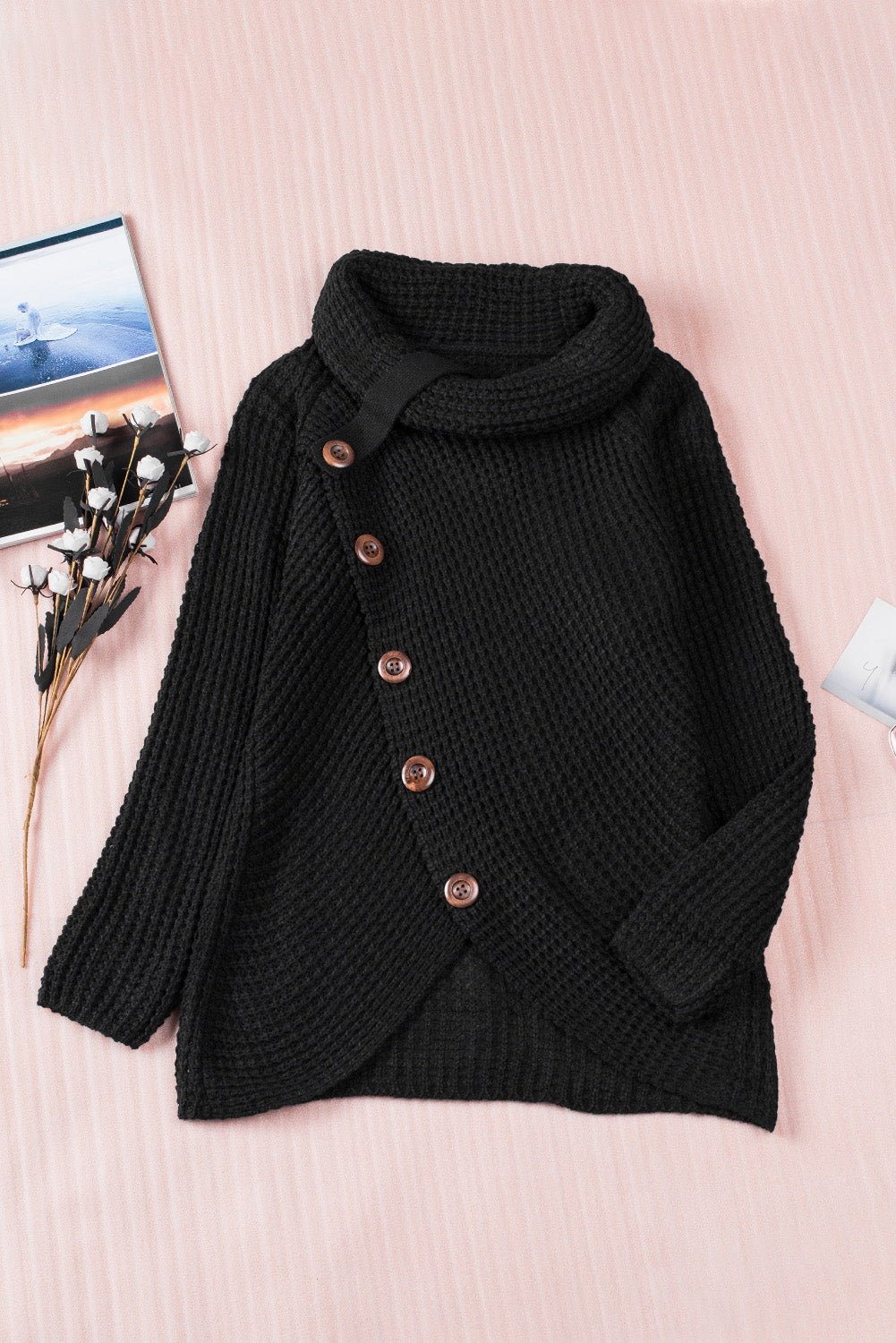 Buttoned Wrap Turtleneck Sweater | Black