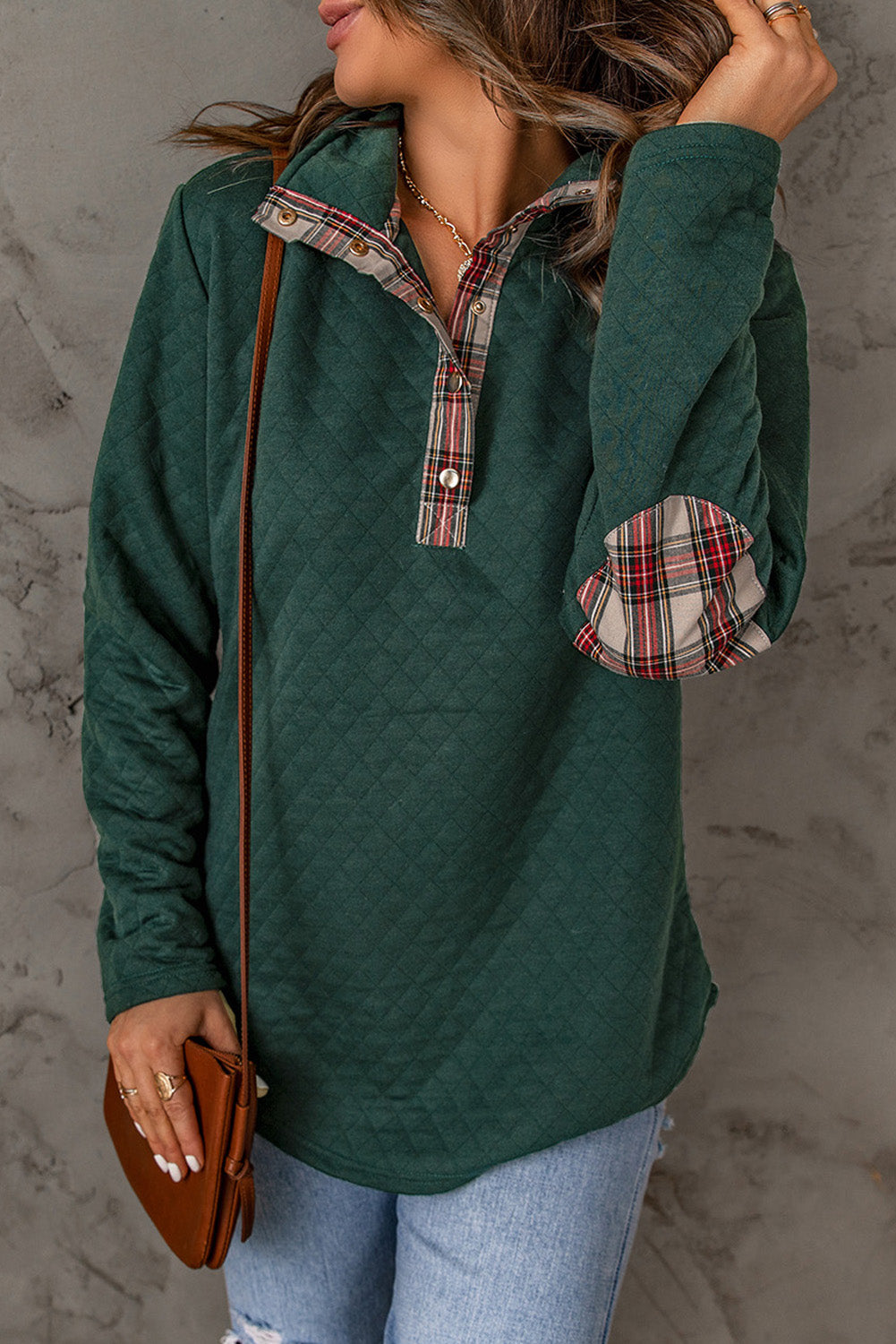 Geometric Texture Plaid Trim Sweatshirt | Green