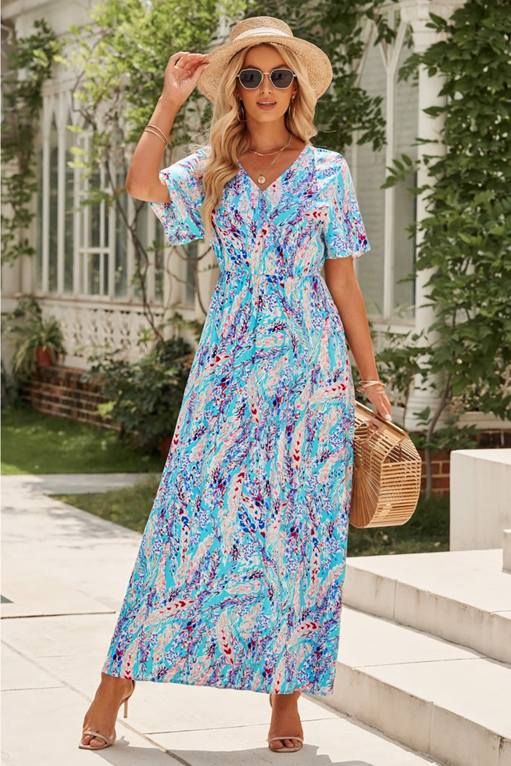 Wrap V Neck Floral Maxi Dress | Green