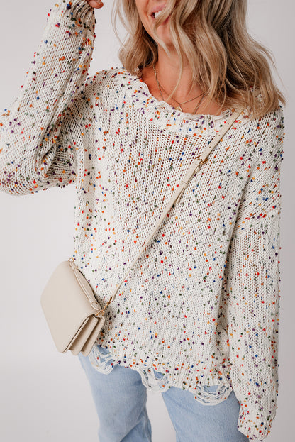 Colourful Confetti Distressed Knit Sweater | White