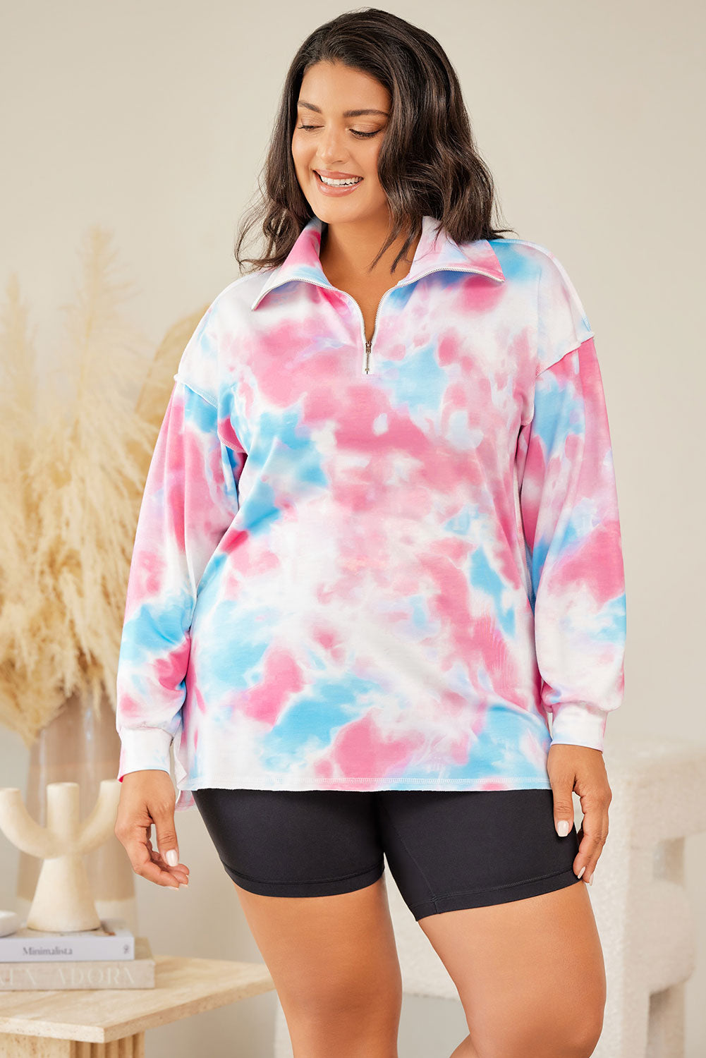 Plus Size Tie-Dye Zipped Collared Pullover Sweatshirt | Multicolour