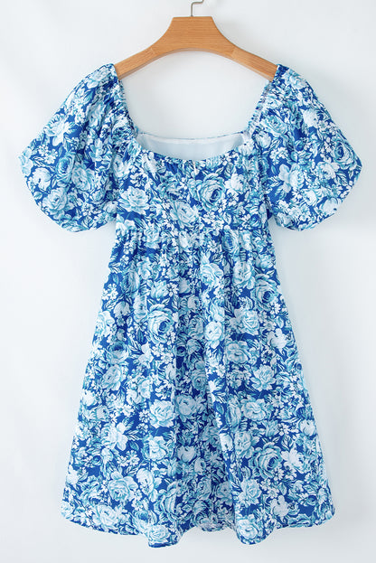 Floral Puff Sleeve Babydoll Mini Dress | Blue