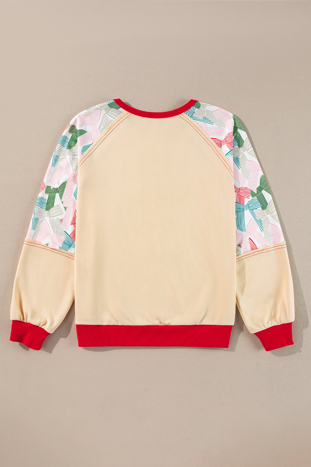 Bowknot Printed Patchwork Raglan Sleeve Colourblock Edge Top | Beige