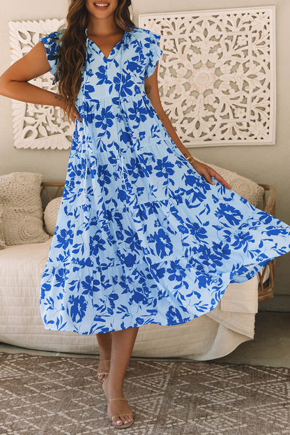 Floral Print Tiered Frilled Trim Flutter Sleeve Maxi Dress | Sky Blue