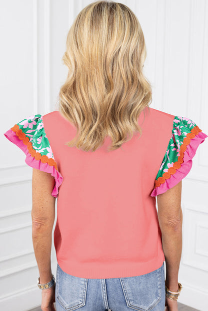 Contrast Ricrac Floral Sleeve Top | Peach Blossom