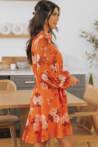 Vintage Floral Print Drawstring Flowy Dress | Orange