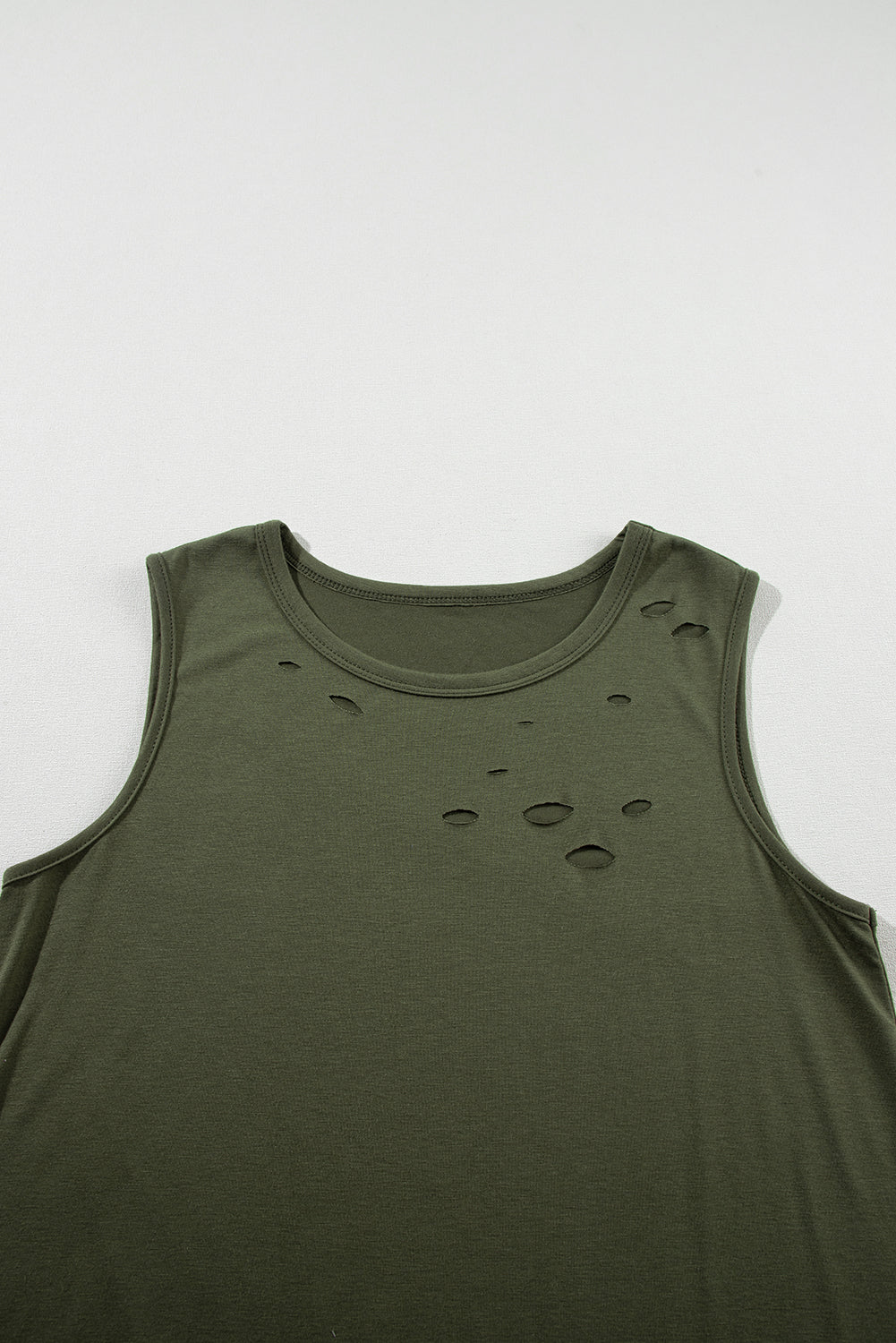 Solid Colour Distressed Holes Crew Neck Tank Top | Jungle Green