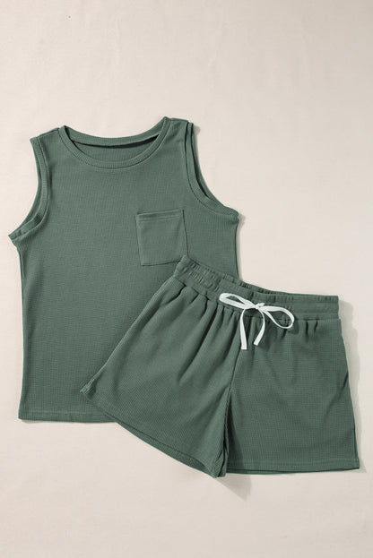 Waffle Knit Patched Pocket Tank And Drawstring Shorts Set | Mist Green