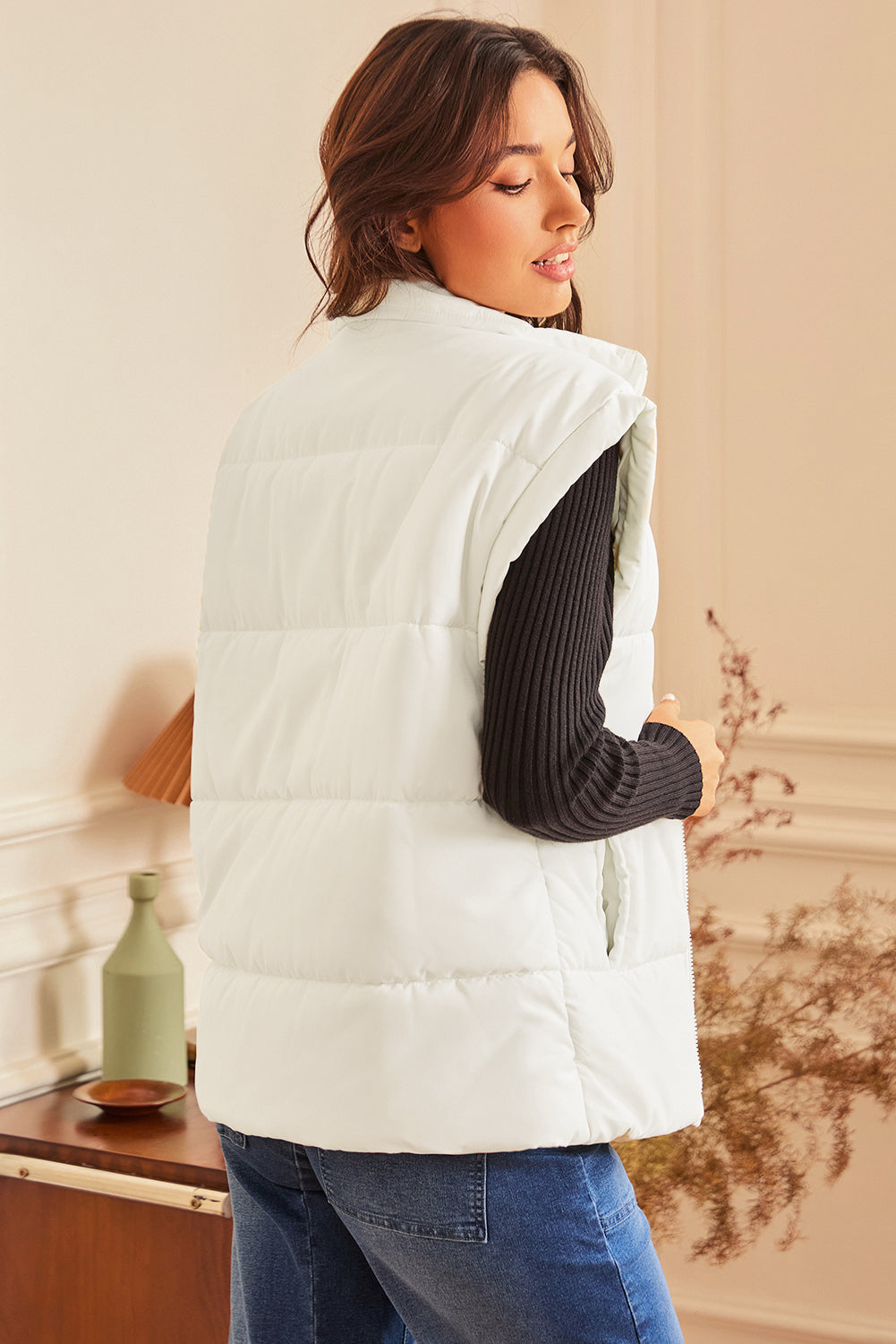 Zipper Stand Neck Oversized Puffer Vest | Beige