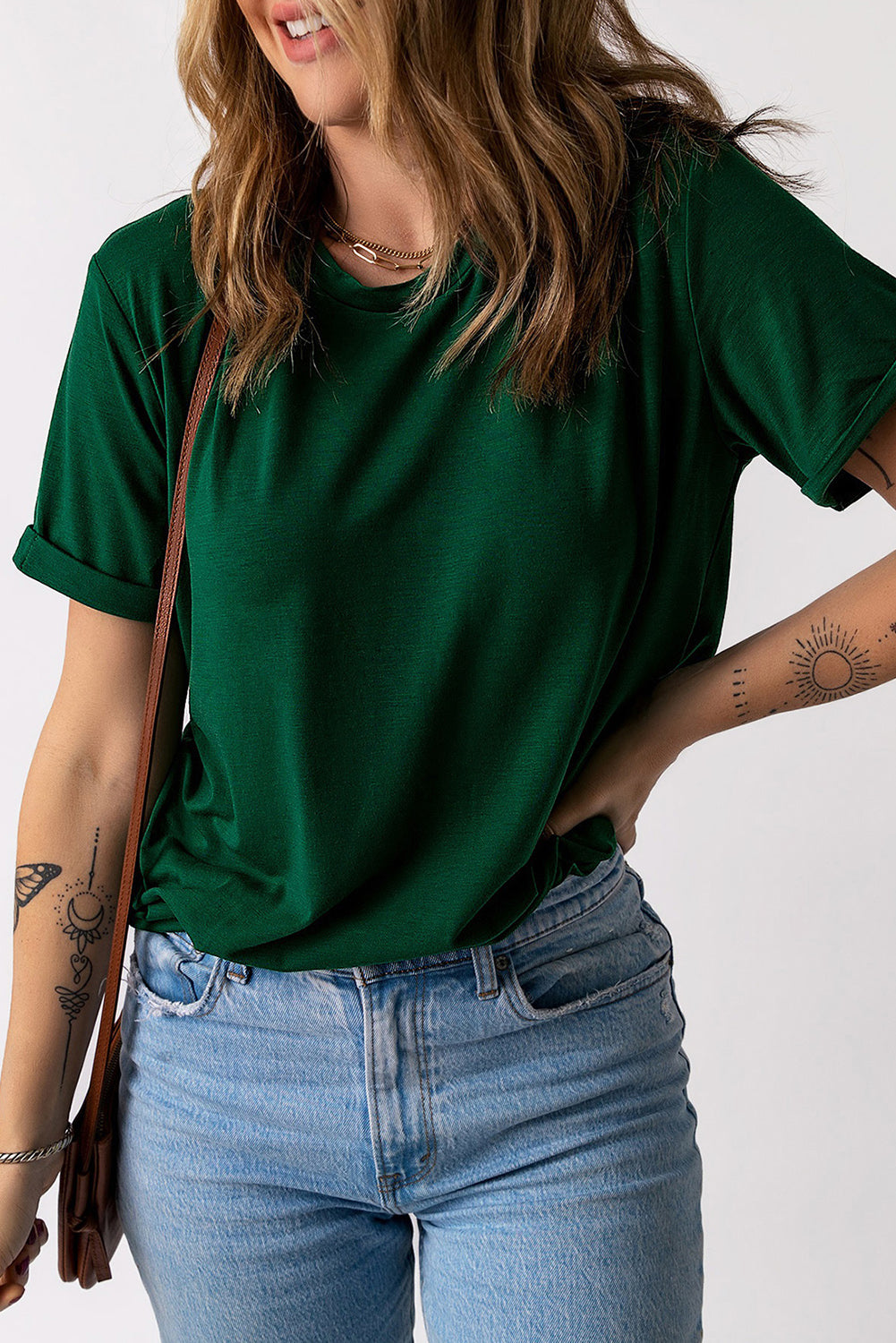 Green Solid Color Crew Neck Tee