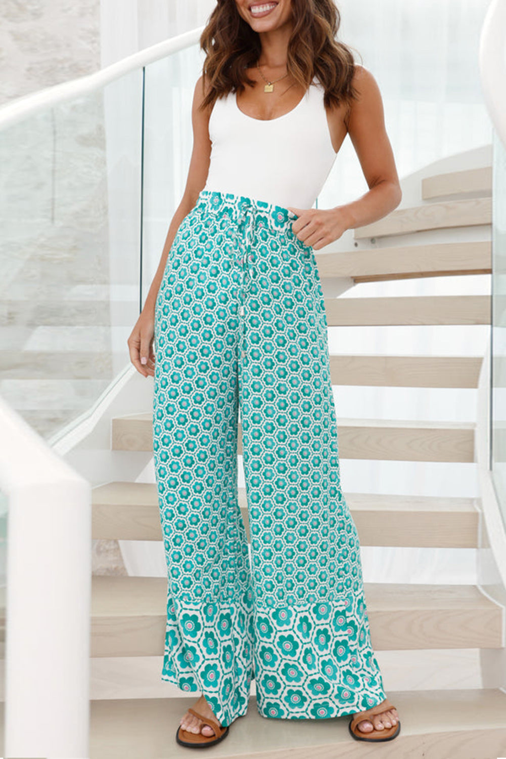 Boho Geometric Print Drawstring High Waist Flared Pants | Green