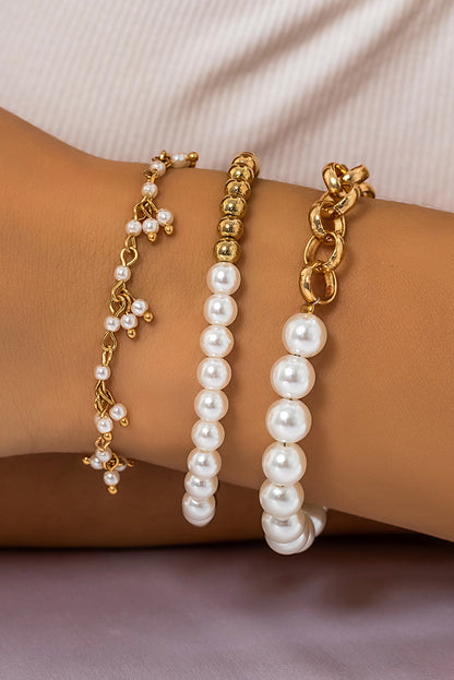 3Pcs Pearl Plated Alloy Beaded Bracelet Set | Gold