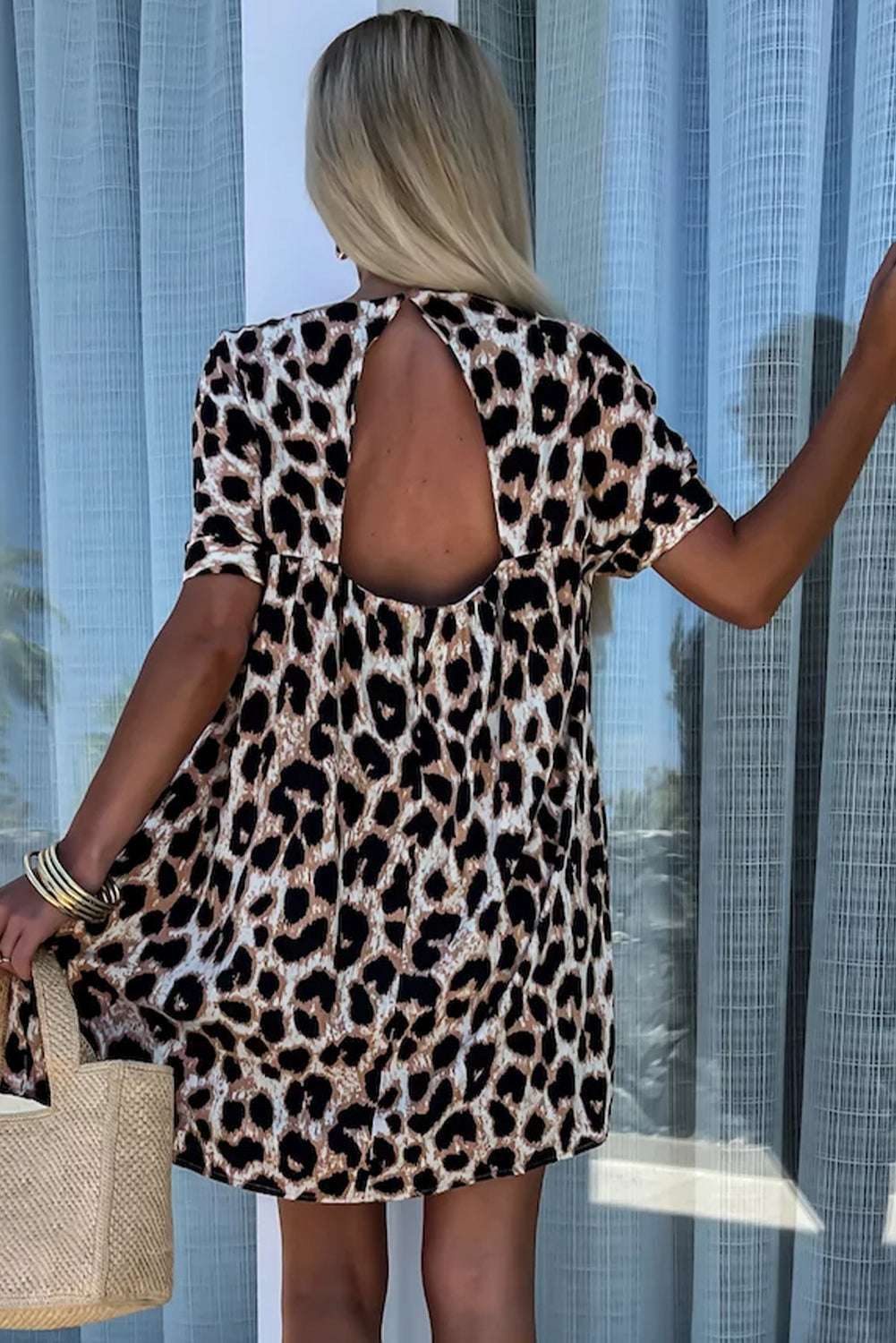 Cheetah Print Backless V Neck Loose Fit Mini Dress | Khaki