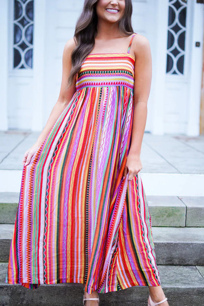 Striped Thin Straps Smocked Back Boho Maxi Dress | Multicolour