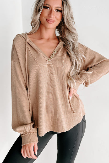 Buttoned V Neck Drawstring Knit Hoodie | Khaki