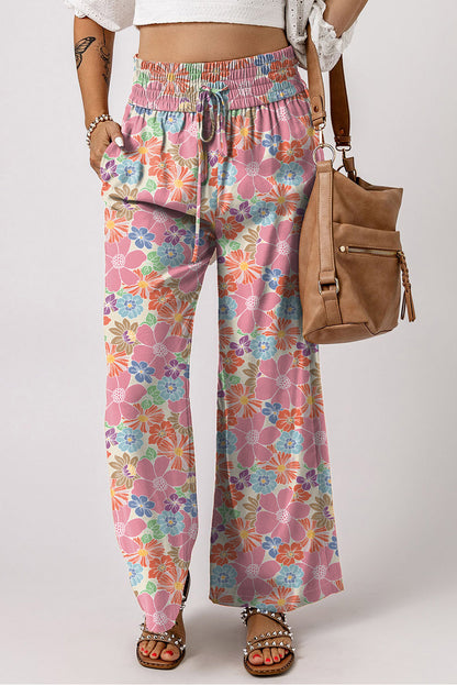 Floral Smocked Waist Loose Pants | Pink