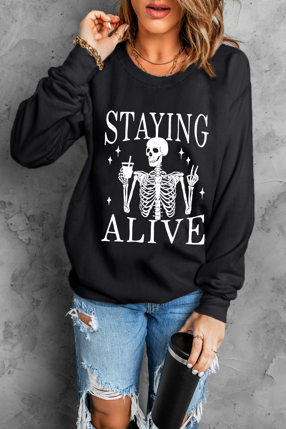 Staying Alive Skull Graphic Crewneck Halloween Sweatshirt | Black