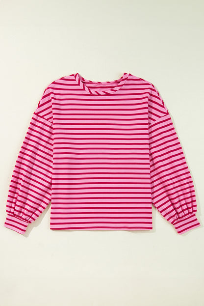 Striped Print Crew Neck Drop Shoulder Sweatshirt | Sachet Pink