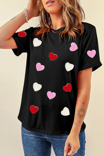 Valentines Chenille Heart Patched Pattern Crewneck Tee | Black