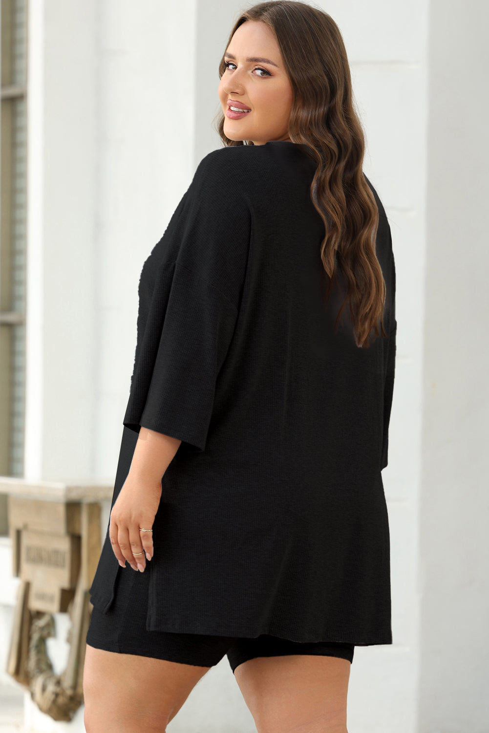 Colour Black Solid Colour Loose Tunic Top And Slim Shorts Set | Colour black