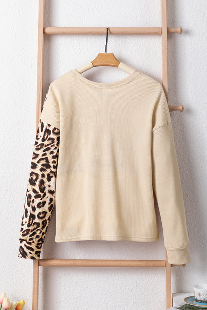 Leopard Colourblock Waffle Knit Top | Pale Khaki