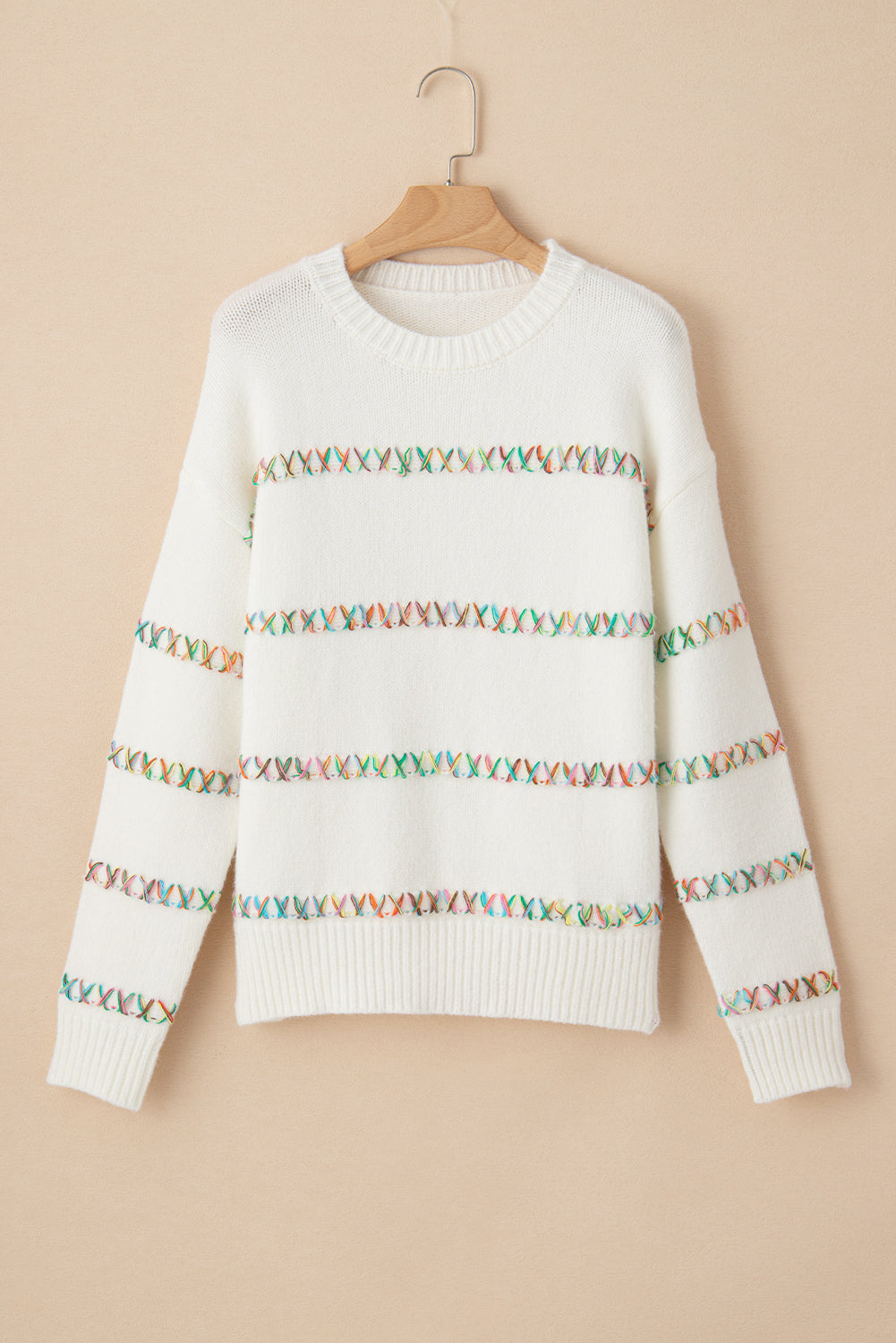 Colourful Crossed Stitch Drop Shoulder Sweater | White