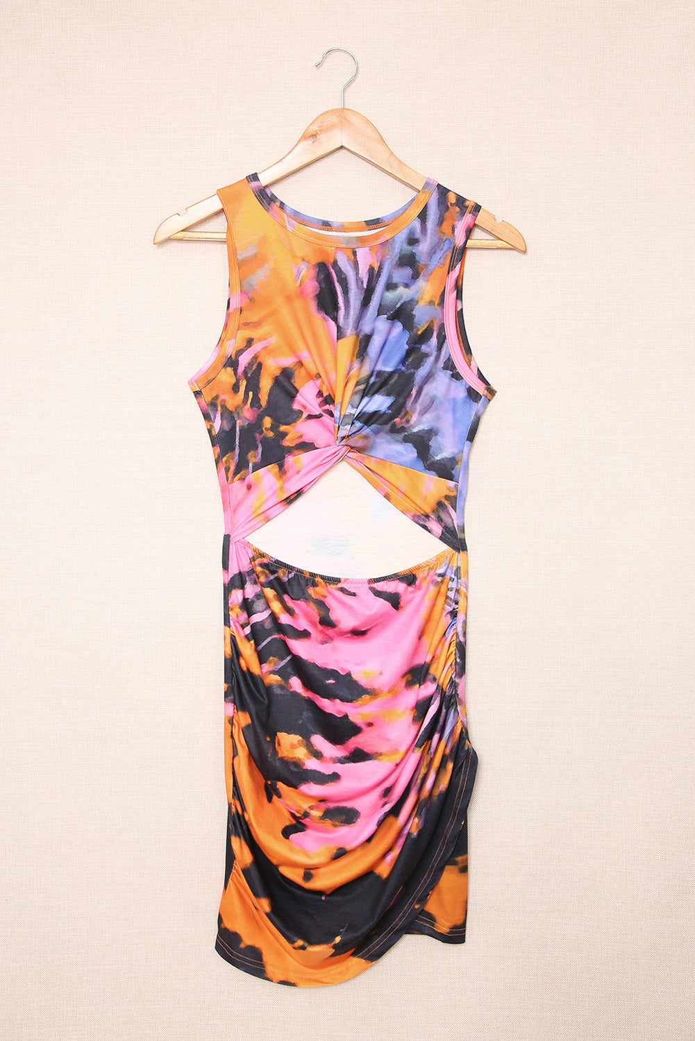 Multicolour Tie-Dye Print Hollow Out Twist Bodycon Mini Dress | Orange