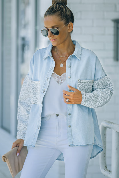 Contrast Leopard Denim Jacket | Sky Blue