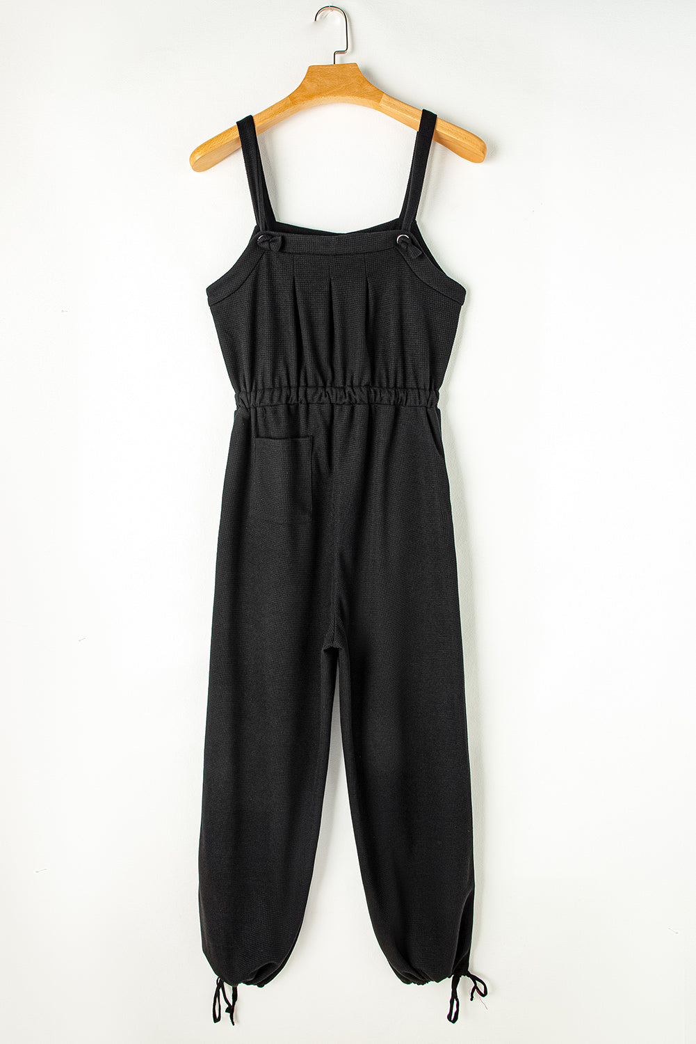 Knotted Straps Button Textured Drawstring Jumpsuit | Black