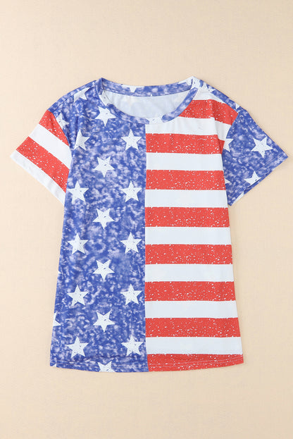 American Flag Print Distressed Crew Neck T Shirt | Stripe