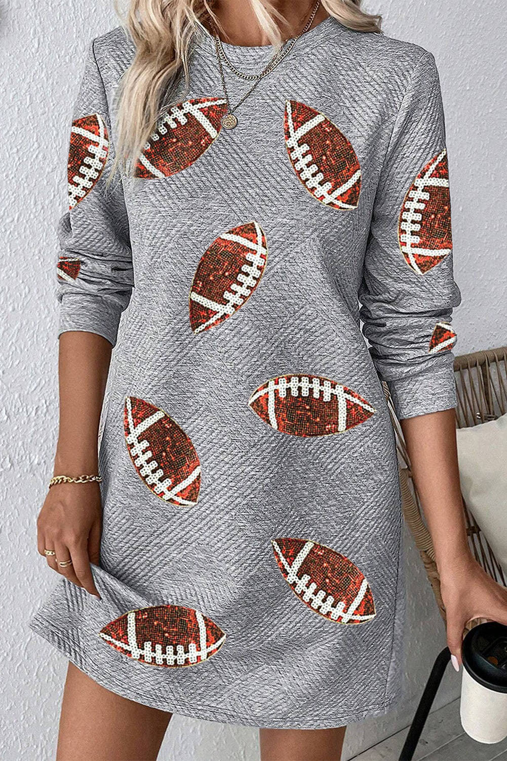 Sequin Rugby Football Graphic Textured Long Sleeve Shift Mini Dress | Gray