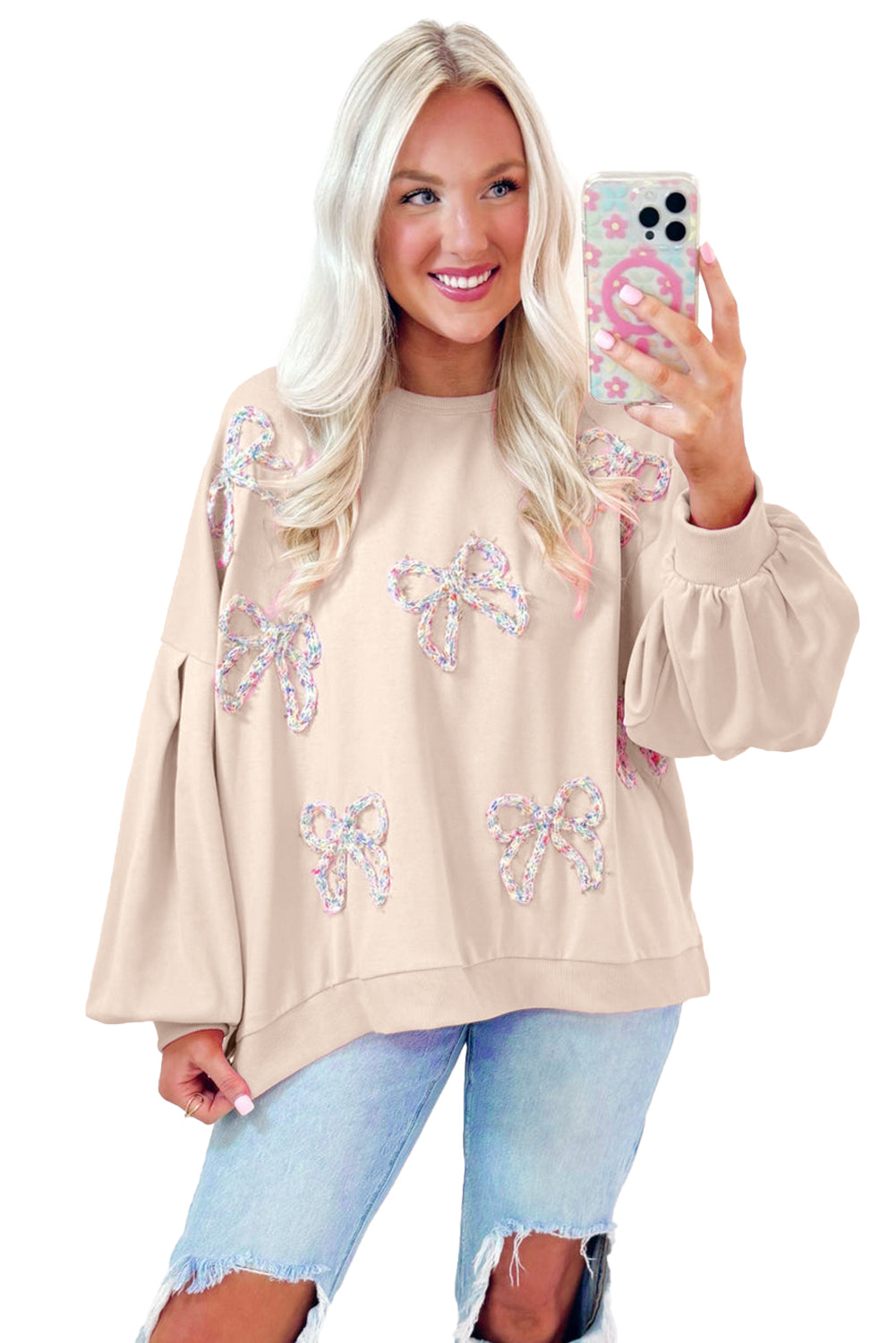 Embroidered Bow Lantern Sleeve Oversized Pullover Sweatshirt | Parchment