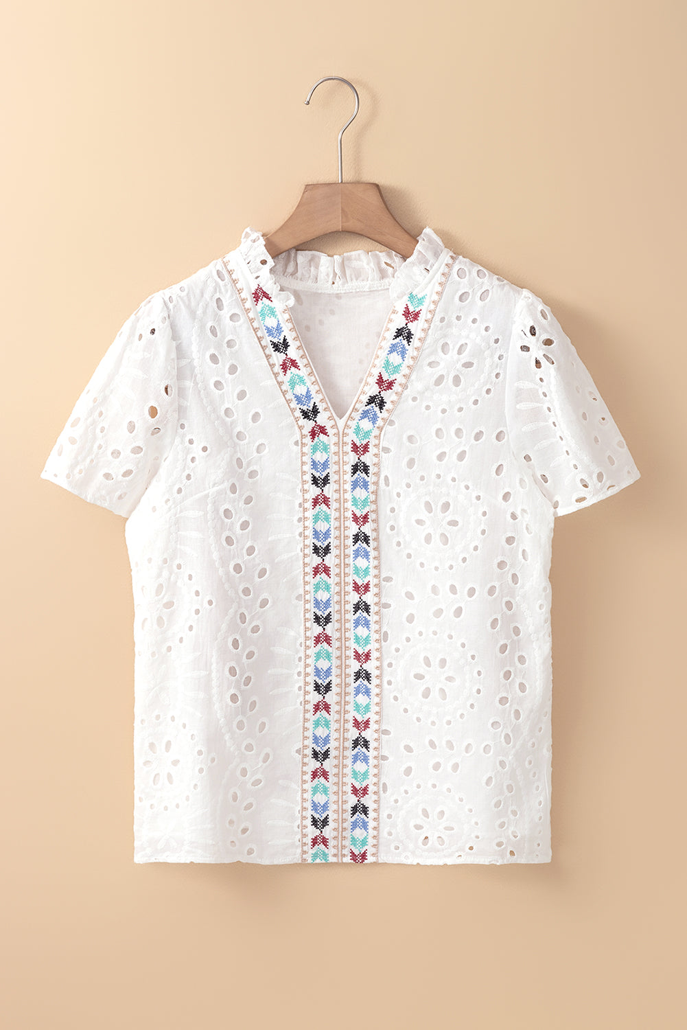 Geometric Embroidery Hollow Out Blouse | White