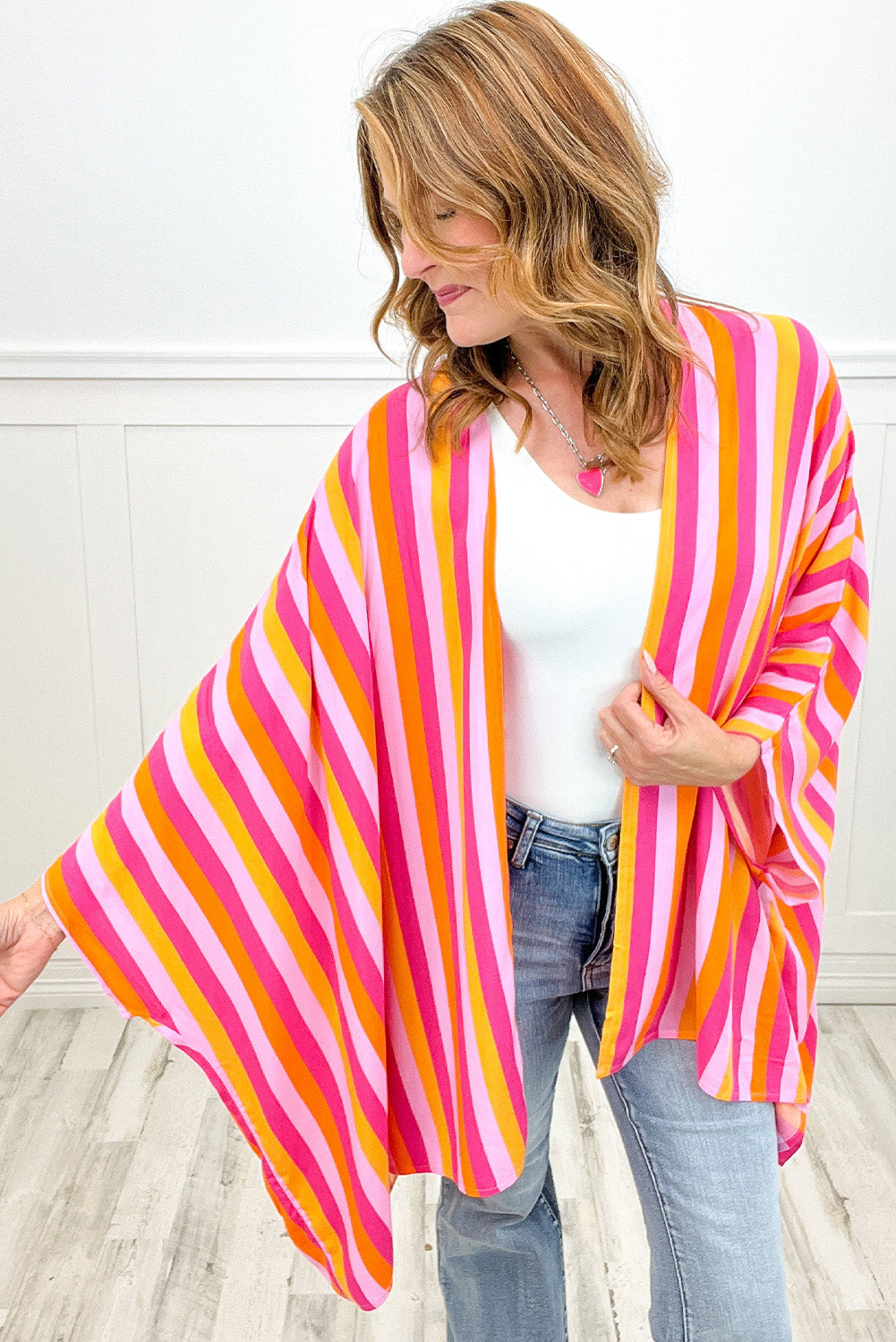 Wide Sleeve Open Front Kimono | Rose Stripe