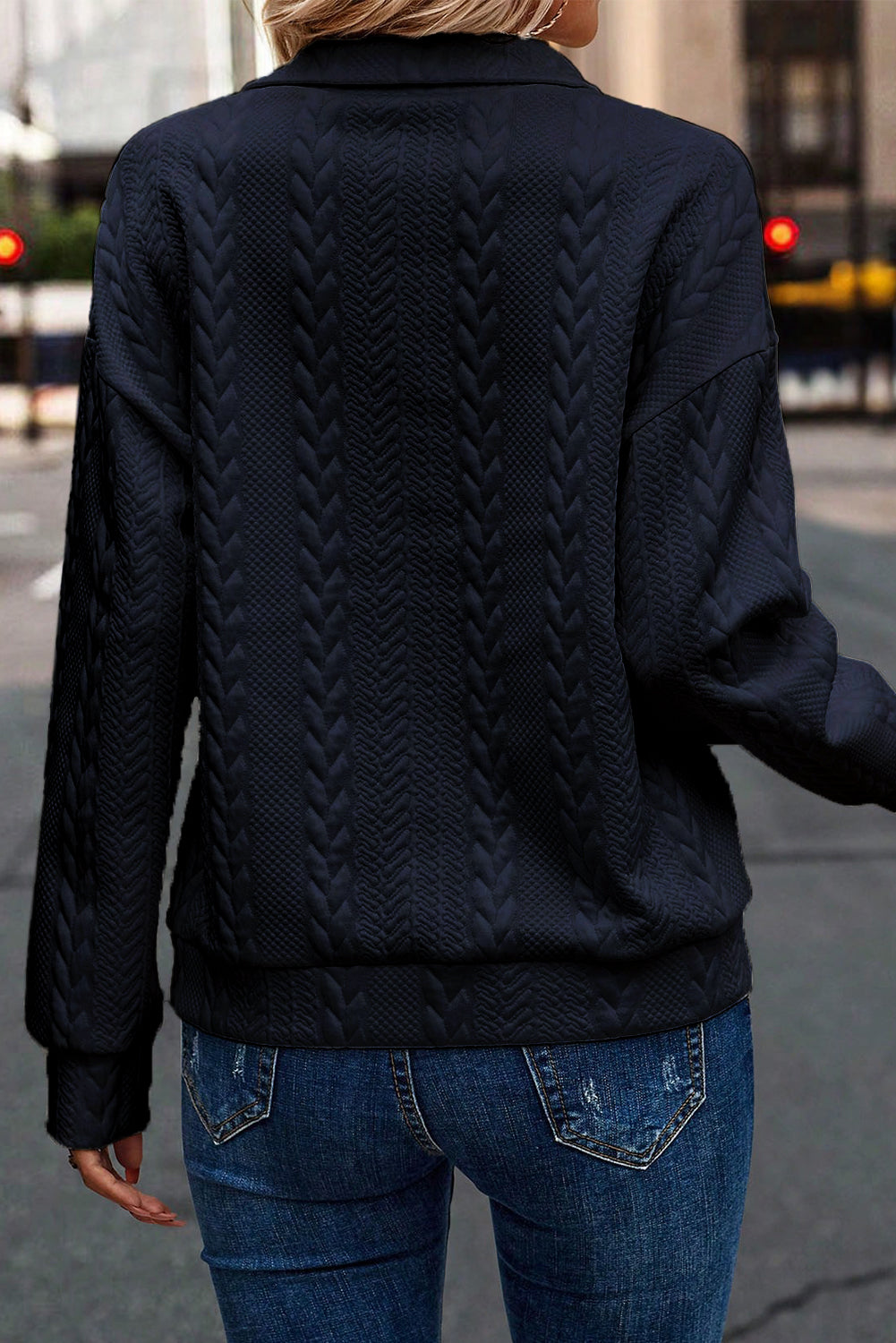 Zip Up Cable Textured Sweatshirt | Navy Blue